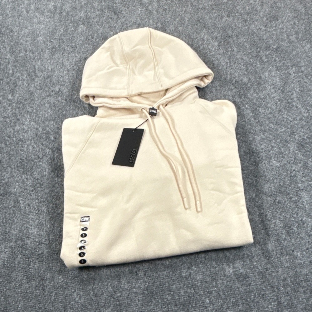 CSG Mens Small Cream Pullover Fleece Hooded Sweatshirt Athletic Hoodie NWT